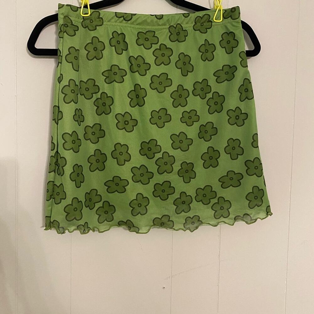 Y2K Floral Mesh‎ Overlay Bodycon Mini Skirt Lettuce Trim Green Size Medium